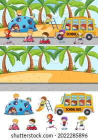 Set of different horizontal scenes background with doodle kids cartoon character illustration