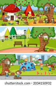 Conjunto de diferentes escenas horizontales de fondo con dibujos animados de niños de doodle ilustración