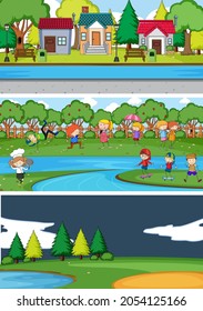 Set of different horizontal scenes background with doodle kids cartoon character illustration