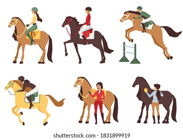 Set of different horse riders wearing helmets riding their horses fast and jumping above fence, flat cartoon vector illustration isolated white background