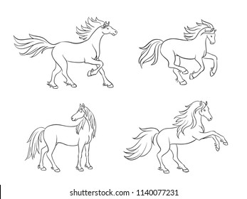 Set of different horses in contours. Vector illustration. EPS8