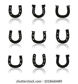 Set of different horseshoe with mirror reflection, isolated on white background. Flat style, vector illustration.