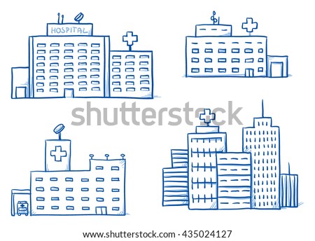 Set of different hospital buildings, medical center. Hand drawn cartoon vector illustration.