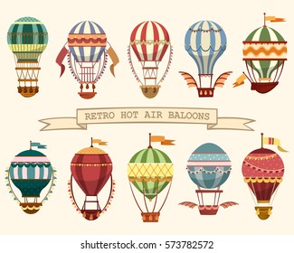 Set of different hot air balloons. Flying vintage transport with wings and flags, ballast on basket and striped balloon. Old airship sport and retro travel banner, tourism and recreation, outdoor trip