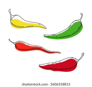 A set of different hot chili peppers, drawn with a contour line with a colored background, vector illustration, flat design, isolated on a white background. Hot vegetable, spice, ingredient