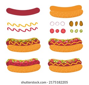 A set of different hot dogs. Fast food set with sausage, bread, onion, pepper, tomatoes, mustard and ketchup. Cartoon style.