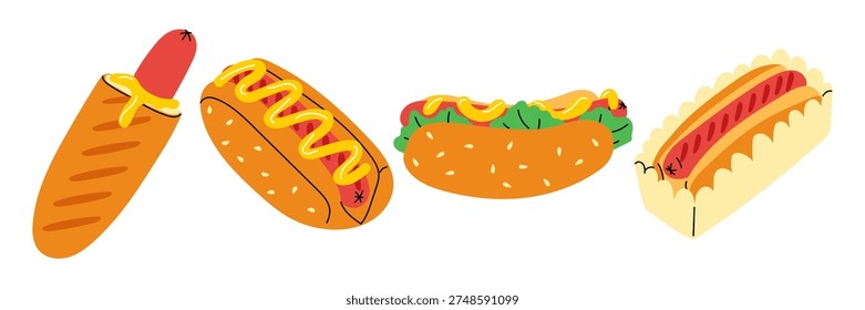 Conjunto de diferentes perritos calientes con mostaza y ketchup aislados sobre fondo blanco. Ilustración plana para carteles de comida callejera, Anuncios de menú de comida rápida, gráficos de restaurantes o iconos de entrega de bocadillos