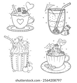 Set of different hot drinks with cream, valentines day drinks with sweets and fruits. Vector art for the love day