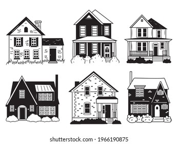 Set of different house. Collection of residential buildings with lawn, bushes. Logo for realtors. Vector illustration on a white background.