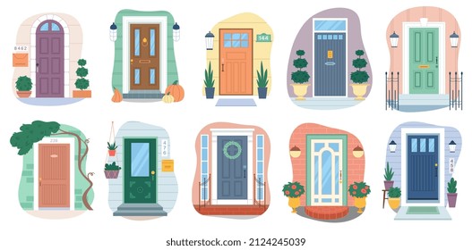 Set of different house entrances and closed doors. Apartment entrances or porches with flowers, trees, rugs and lighting fixtures. Cartoon flat vector collection isolated on white background