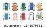 Set of different house entrances, porches and closed doors. Entries to apartments with potted plants, mats, lamps and letterboxes. Colored flat vector illustration isolated on white background