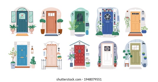 Set of different house entrances, porches and closed doors. Entries to apartments with potted plants, mats, lamps and letterboxes. Colored flat vector illustration isolated on white background