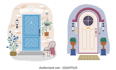 Set of different house entrances, porches and closed wooden modern doors, retro doorway. Entries to apartments with colored windows on facade. Flat vector exterior of house in different style