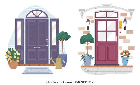 Set of different house entrances, porches and closed wooden modern doors, retro doorway. Entries to apartments with colored windows on facade. Flat vector exterior of house in different style