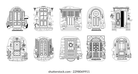 Set of different house entrances, porches and closed doors, retro doorway. Entries to apartments with potted plants, mats, lamps and letterboxes on facade. Exterior of house in line art style