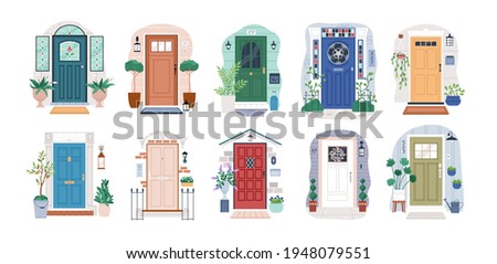 Set of different house entrances, porches and closed doors. Entries to apartments with potted plants, mats, lamps and letterboxes. Colored flat vector illustration isolated on white background