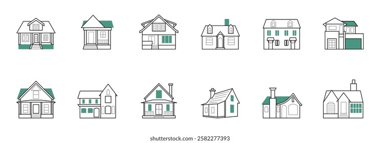 Set of different house exterior designs in a simple line art style.