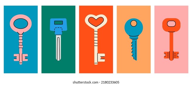 Set of different house key silhouette. Different posters with house keys. Various door keys isolated on colored background. Home security illustration