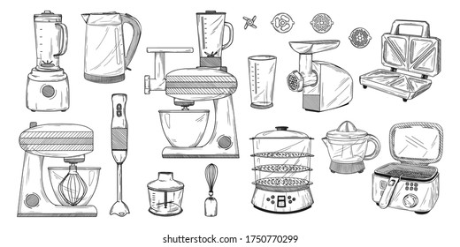 Set of different household appliances. Vector illustration of a sketch style.