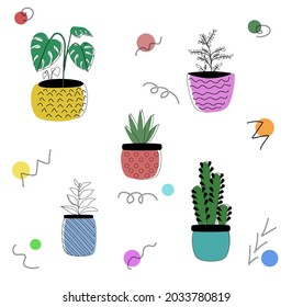 Set of different houseplants. Hand line drawing style, black and white with colorful detail 