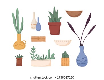 Set of different houseplants in pots, vases, boxes and flowerpots. Modern interior plants, succulents, cacti and empty storage bowls isolated on white background. Colored flat vector illustration