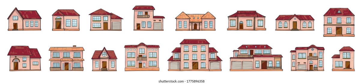 Set of different houses, detached, single family houses with gardens and garage. Hand drawn cartoon vector illustration. Doodle home set - cartoon scribble style vector illustration.