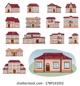 Set of different houses, detached, single family houses with gardens and garage. Hand drawn cartoon vector illustration. Doodle home set - cartoon scribble style vector illustration.