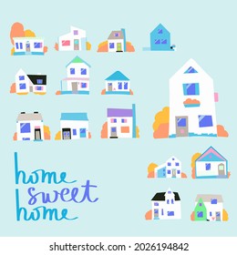 Set of different houses, detached, single family houses with gardens and garage. Hand drawn cartoon vector illustration.
