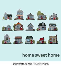 Set of different houses, detached, single family houses with gardens and garage. Hand drawn cartoon vector illustration.