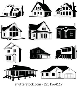 Set of different houses, detached, single family houses with gardens and garage. Hand drawn cartoon vector illustration.