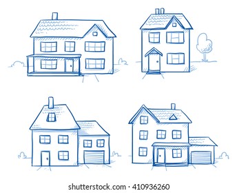 Set of different houses, detached, single family houses with gardens and garage. Hand drawn cartoon vector illustration.