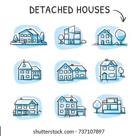 Set of different houses, detached, single family houses modern and traditional with gardens and garage, icons on blue tiles. Hand drawn cartoon sketch vector illustration, marker style coloring. 