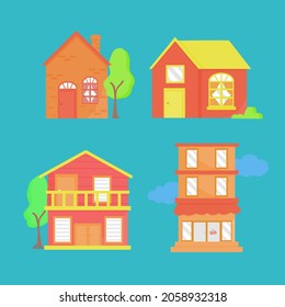 set of different houses illustration. village architecture. vector illustration in flat style.
