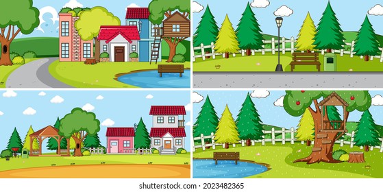 Set of different houses in nature scenes cartoon style illustration
