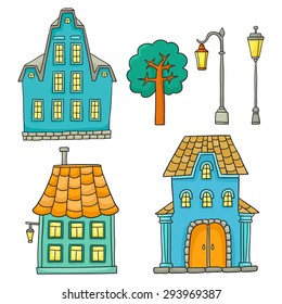 Set with different houses. Vector sketches houses and other architectural elements
