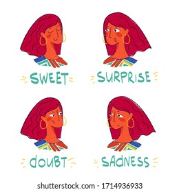 un conjunto de emociones humanas diferentes: dulce, sorprendido, dudoso, triste. Ilustración del vector
