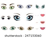Set of different human eyes, eyebrows, noses and lips, cartoon girl face elements. Vector illustration