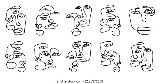 Set of different human faces in a minimalist style with one line. Silhouette of female and male faces drawn. Girls face collection. Contemporary art. editable stroke isolated vector illustration.