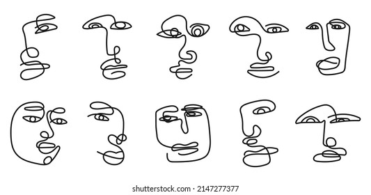 Set of different human faces in a minimalist style with one line. Silhouette of female and male faces drawn. Girls face collection. Contemporary art. editable stroke isolated vector illustration.