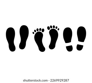 Set different human footprints. Footprint silhouette. Footsteps icon or sign for print. Simple footprints set vector design and illustration.
