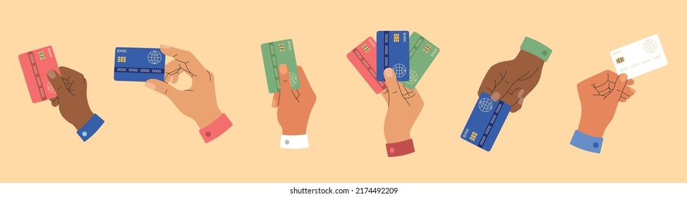 Set of different human hands with credit cards. Virtual money concept. Cashless payment, digital transaction. Hand drawn vector illustration isolated on yellow background. Modern flat cartoon style.