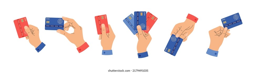 Set of different human hands with credit cards. Virtual money concept. Cashless payment, digital transaction. Hand drawn vector illustration isolated on white background. Modern flat cartoon style.