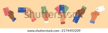 Set of different human hands with credit cards. Virtual money concept. Cashless payment, digital transaction. Hand drawn vector illustration isolated on yellow background. Modern flat cartoon style.