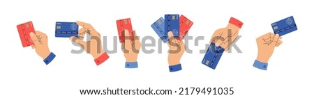 Set of different human hands with credit cards. Virtual money concept. Cashless payment, digital transaction. Hand drawn vector illustration isolated on white background. Modern flat cartoon style.