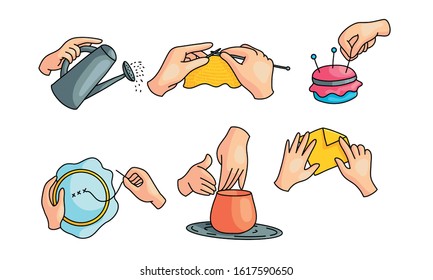 Set of different human hands doing various hobbies crafts. Vector illustration in flat cartoon style.