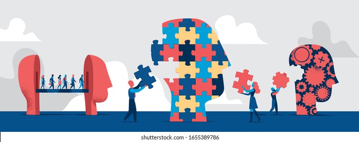 Set of different human heads.  People compiling head puzzle with missing pieces. Creating people's identity concept - Vector illustration