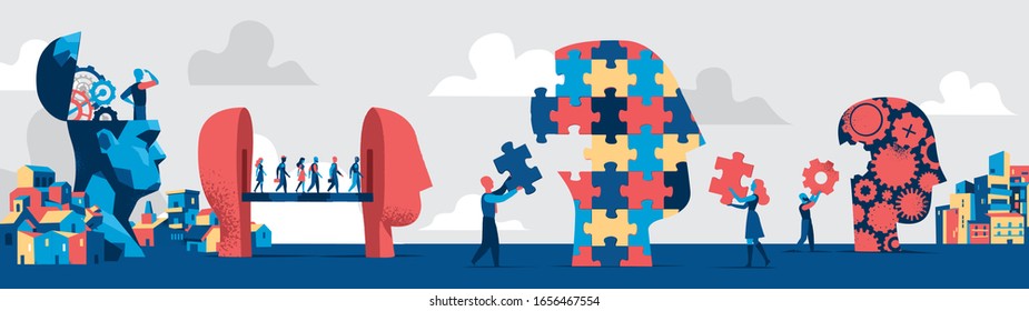 Set of different human heads.  People compiling head puzzle with missing pieces or creating people's identity - Vector illustration