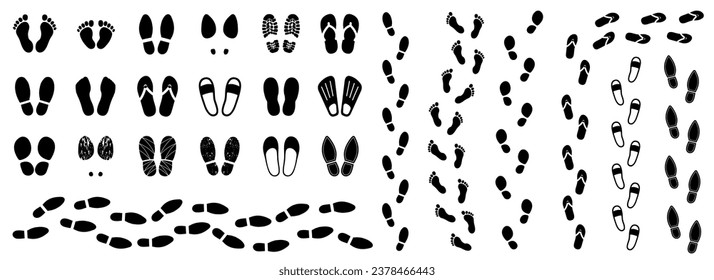 Set different human shoeprints icons, footprint, barefoot sign - vector