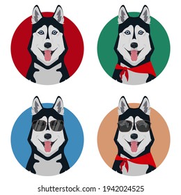 Set of different Husky with sticking out tongue. Funny pet heads in cartoon style