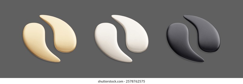 Set of different hydrogel eye patches 3D realistic render vector illustration. Luxury gold, pearl white and black hydrating eye patches isolated on dark background 3D set. Facial skincare treatment.